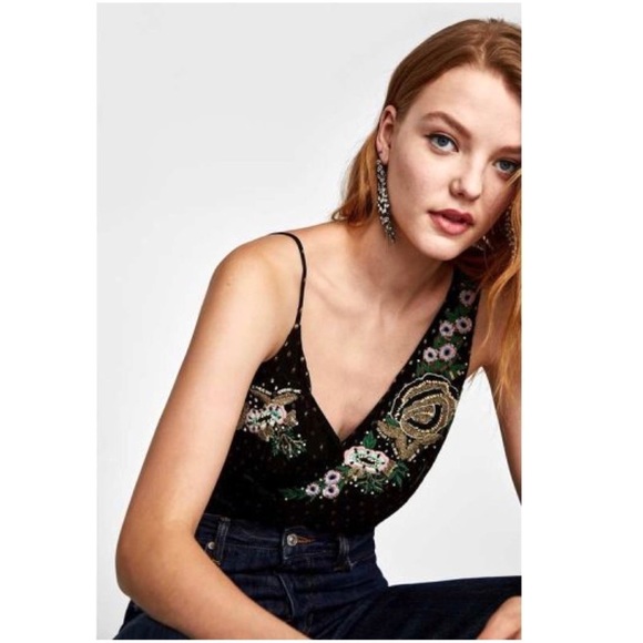 Zara Floral Beaded Embroidered Camisole Bodysuit in Black - Picture 2 of 8